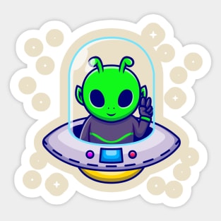 Cute Alien With Peace Hand In Spaceship UFO Cartoon Sticker